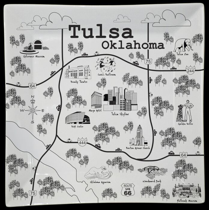 Tulsa B&W Map Large Square Platter